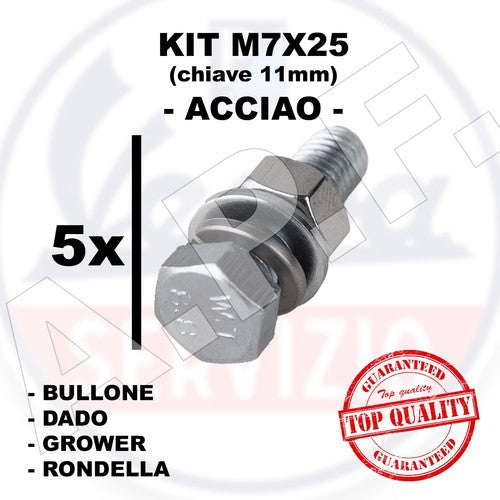 M7X25 mm - BULLONE + GROWER + RONDELLA + DADO in ACIAIO, 5 pz.
