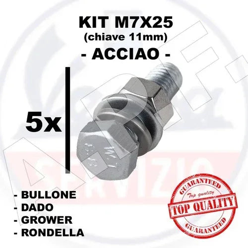 M7X25 mm - BULLONE + GROWER + RONDELLA + DADO in ACIAIO, 5 pz. - RICAMBI VESPA A.P.F.
